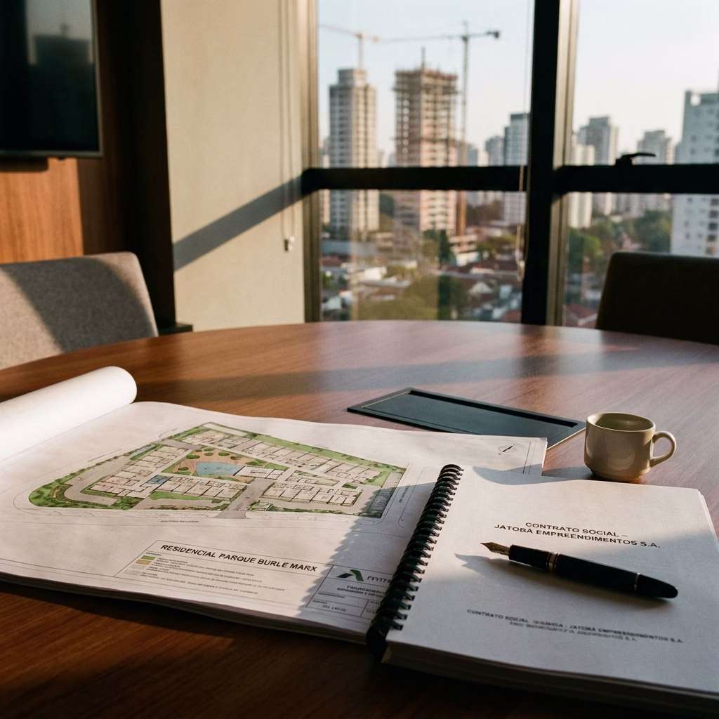 Contrato social e planta de empreendimento sobre mesa de escritório, com obra e gruas ao fundo