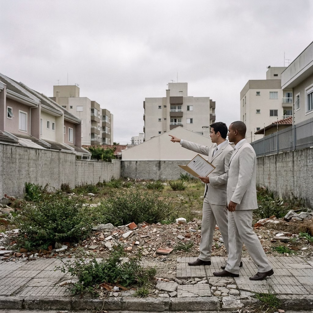 Dois profissionais analisam terreno urbano vazio segurando documentos de matrícula do imóvel