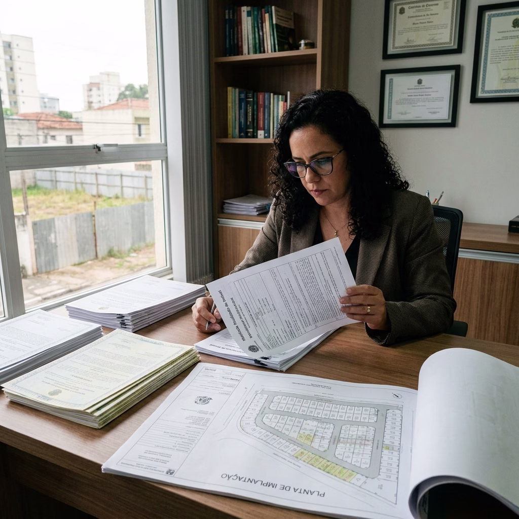 Advogada analisa matrícula de imóvel e certidões ao lado de planta de empreendimento sobre a mesa
