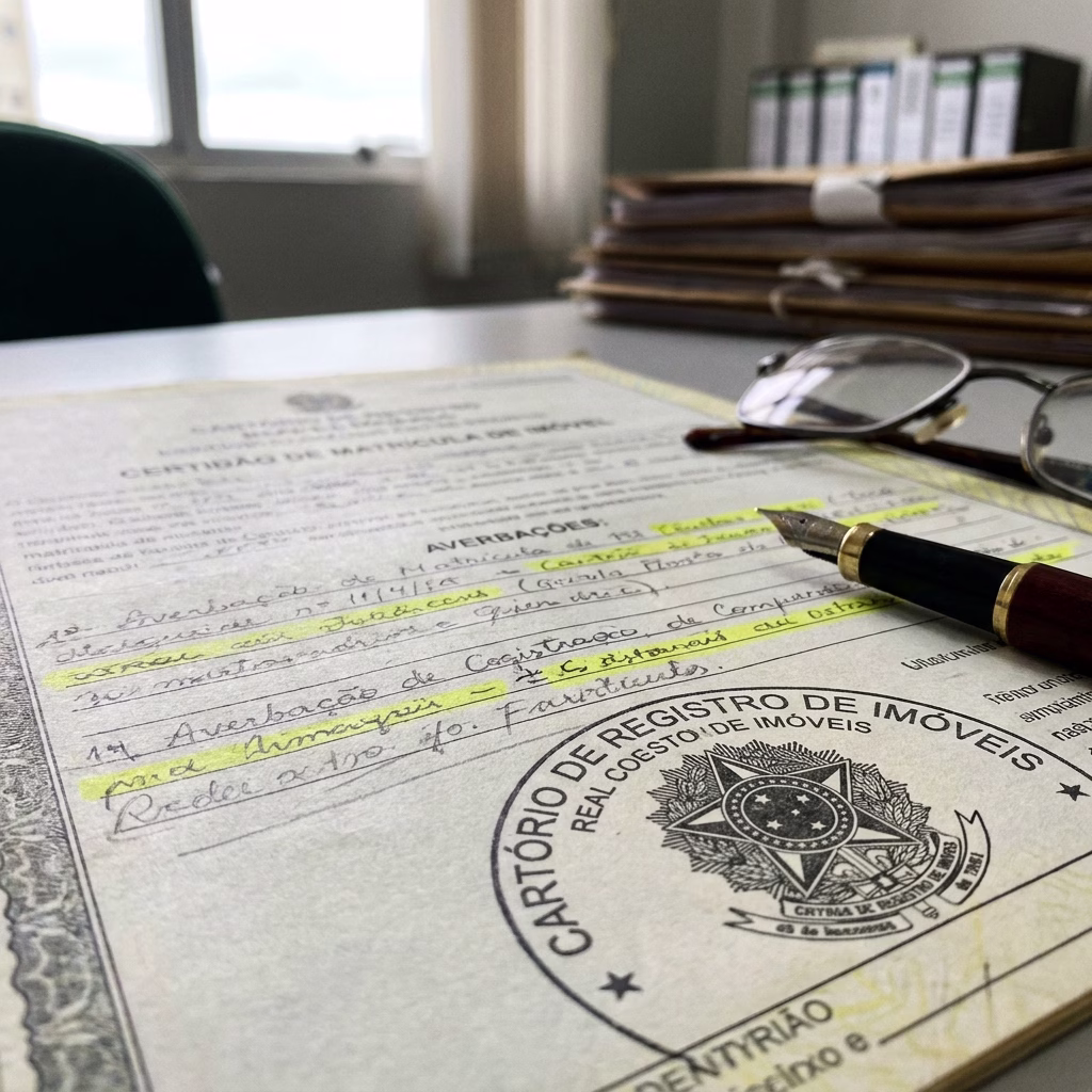 Detalhe de certidão de matrícula de imóvel com averbações marcadas e carimbo de cartório