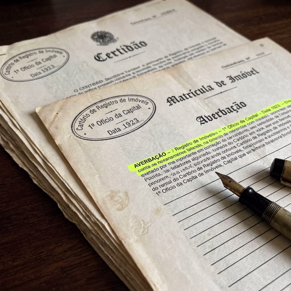 Detalhe de matrícula de imóvel com carimbo de cartório e averbação destacada sobre mesa de madeira