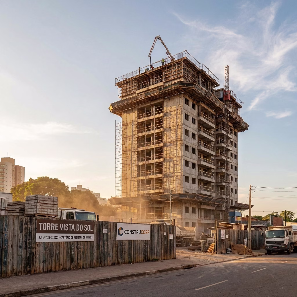 Torre residencial em construção com tapume de registro de incorporação ao entardecer
