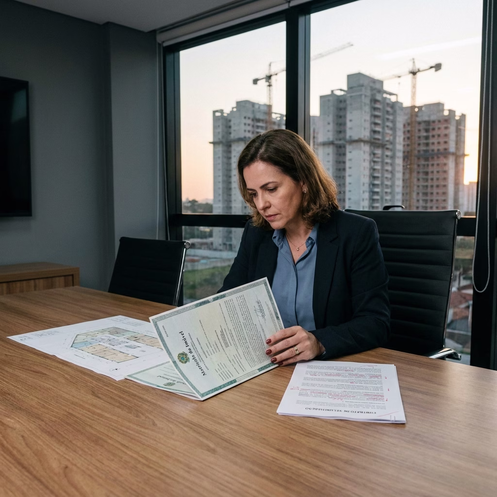 Advogada analisa matrícula de terreno e plantas de empreendimento com obras visíveis pela janela