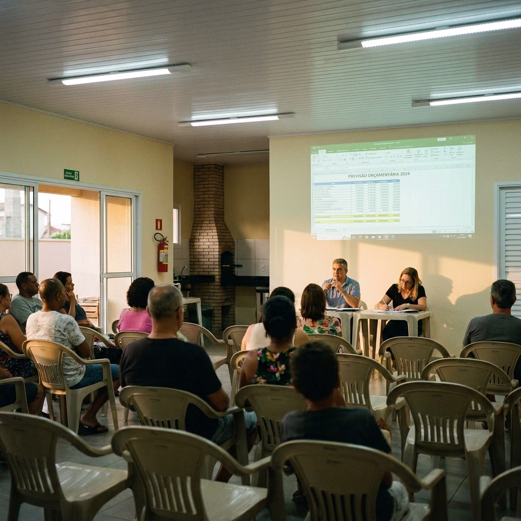 Assembleia de condomínio em salão de festas com mesa diretora e planilha orçamentária projetada
