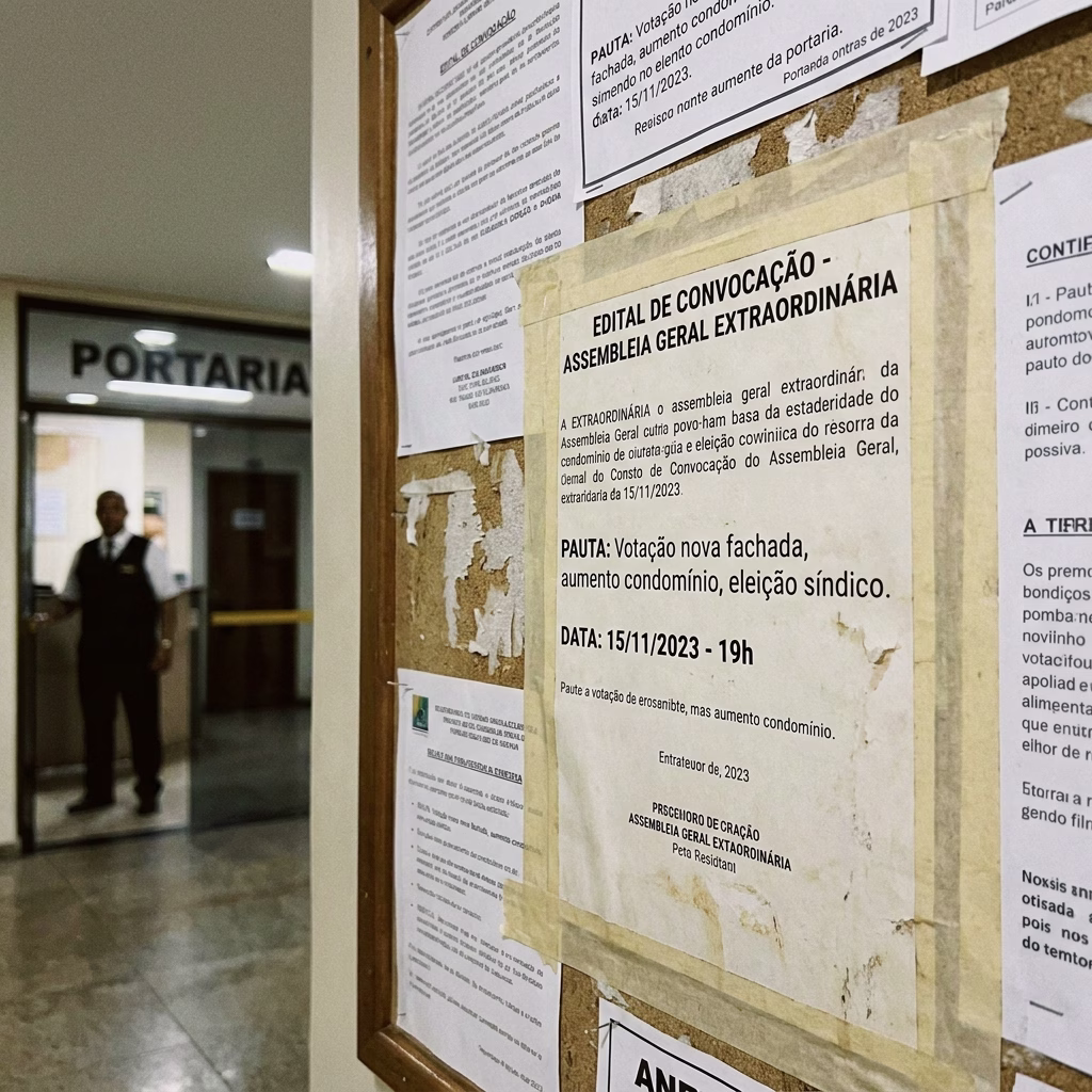 Edital de convocação de assembleia extraordinária afixado no mural do hall do condomínio