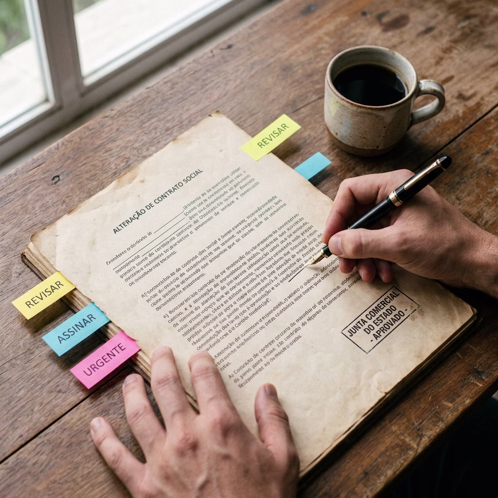 Mãos marcando cláusulas de alteração de contrato social com post-its e carimbo de junta comercial